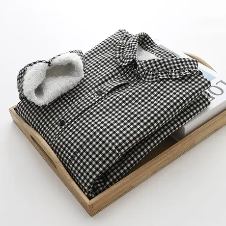 2020冬韩版文艺小清新加绒黑白格子衬衫女娃娃领学生加厚打底衬衣图片