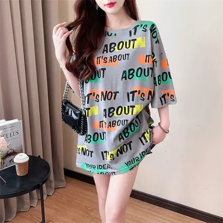 潮牌2022年新款设计感小众灰色t恤女短袖中长款大码宽松夏季上衣商品大图