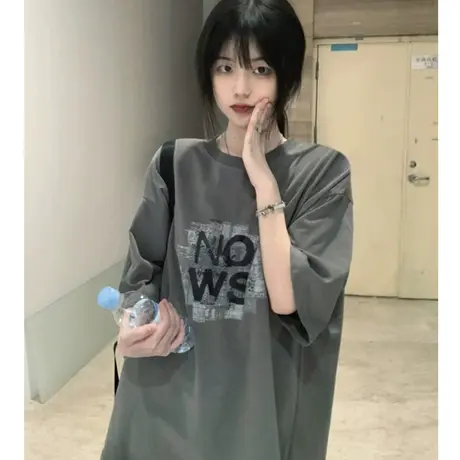 美式复古纯棉短袖t恤女港风chic夏季2023新款宽松半袖上衣小个子商品大图