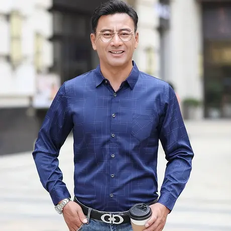 爸爸衬衫长袖中年男士衬衣男式老人寸衫春秋装薄款外套夏季上衣服图片