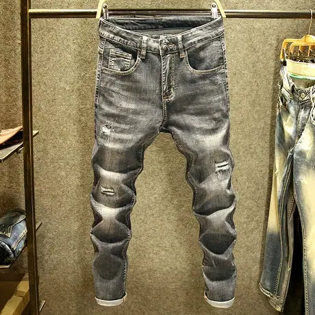 夏季破洞牛仔裤男潮牌修身小脚裤网红街头痞帅复古潮流补丁裤子薄商品大图