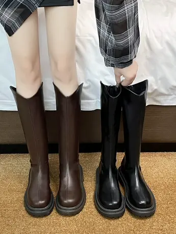 2023新款厚底棕色长靴不过膝高筒靴小个子v口长筒靴女显瘦骑士靴图片
