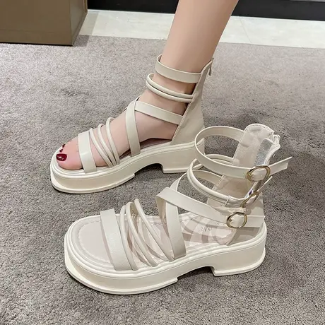 厚底罗马凉鞋女夏季2023年新款高帮平底鞋时尚交叉绑带仙女风凉靴图片