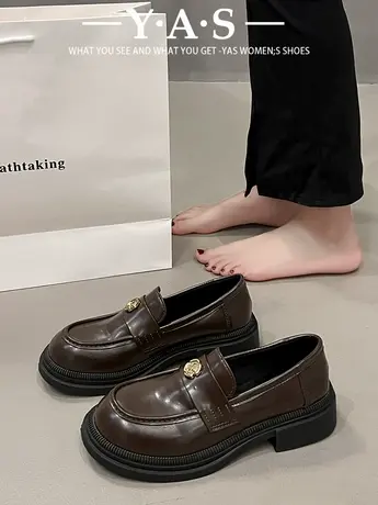 厚底山茶花乐福鞋女2024春季新款软底高级感粗跟复古一脚蹬小皮鞋商品大图