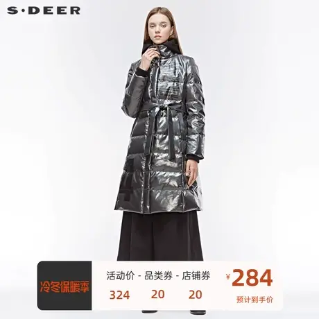 sdeer 🔜圣迪奥新款连帽拼接字母胶印插袋收腰长款羽绒服S19482469图片