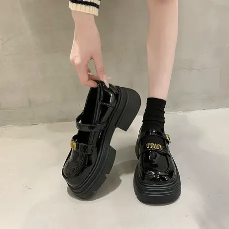 复古一字扣乐福鞋女2024春秋季新款配裙子粗跟单鞋厚底百搭小皮鞋商品大图