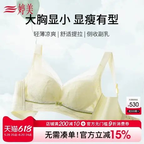 婷美薄款纸片杯大胸显小文胸调整型收副乳上托防下垂蕾丝美背内衣商品大图