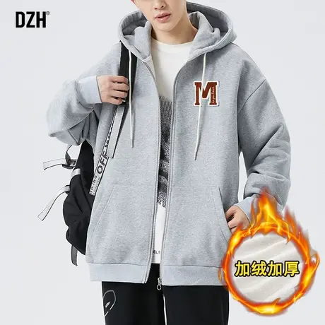 男生灰色加绒外套男冬季高级感休闲开衫卫衣2023年新款连帽衫夹克图片