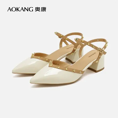 【门店发货】奥康女鞋 新款时尚粗跟尖头铆钉中后空凉鞋图片