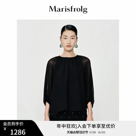 【商场同款】玛丝菲尔上衣夏季新款桑蚕丝黑色插肩七分袖廓形T恤商品大图