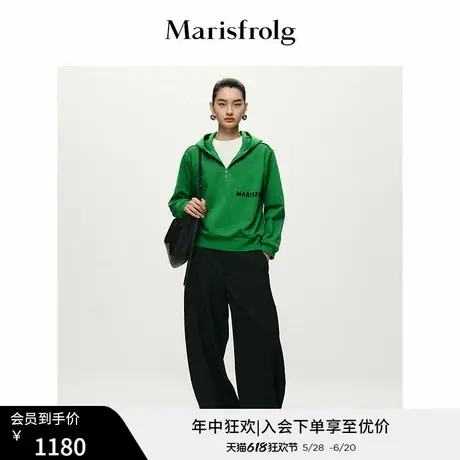 【商场同款】玛丝菲尔春季新款运动风绿色棉质廓形连帽卫衣女图片