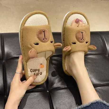 可爱卡皮巴拉亚麻拖鞋女款春秋季防滑软底吸汗透气室内居家一字拖商品大图