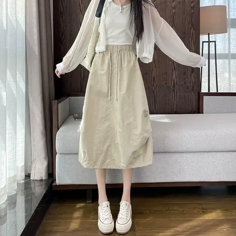 冰丝速干工装半身裙女夏季薄款松紧腰休闲灯笼裙中长款a字伞裙子图片