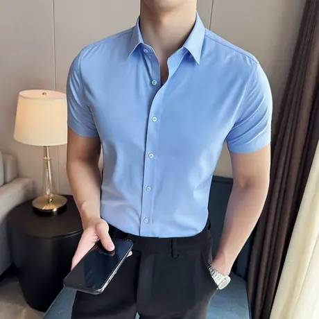 高端莫代尔无痕衬衫男短袖春夏冰丝2025商务通勤垂滑免烫半袖衬衣商品大图