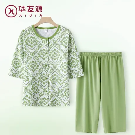华友源春夏妈妈开衫中袖纯棉家居服女中老年人大码七分袖睡衣套装商品大图
