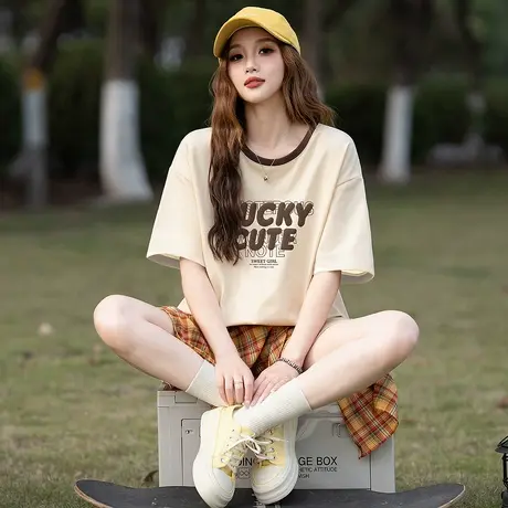 唐狮新款夏季撞色短袖T恤女圆领纯棉慵懒风超火减龄上衣休闲商品大图