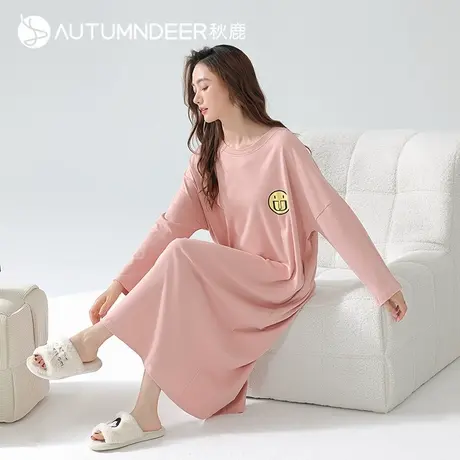 秋鹿针织棉女生睡衣夏季纯棉简约印花睡裙女夏可外穿九分袖中裙女商品大图