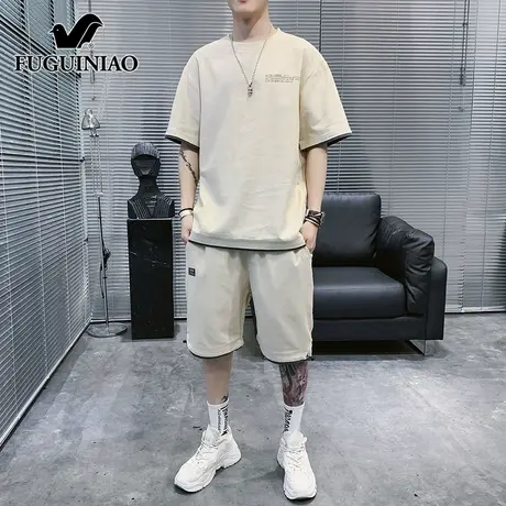 富贵鸟休闲运动套装男士短袖t恤夏季薄款棉麻短裤搭配帅气一套男商品大图