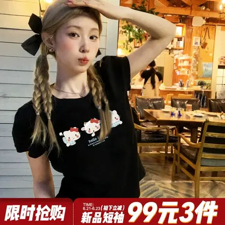 2025新款甜美风Kitty猫印花黑色短袖t恤女宽松显瘦小个子短款上衣图片