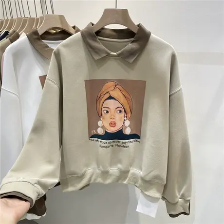 POLO领拼色套头卫衣女春秋2023年新款卡通人物印花宽松外套上衣潮商品大图