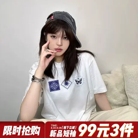美式高街设计感潮牌白色正肩t恤女短袖夏季宽松纯棉重磅半袖上衣商品大图
