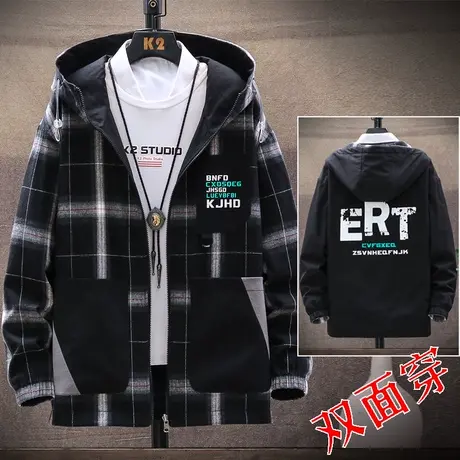 外套男士春秋季双两面穿夹克韩版潮流帅气青少年男装学生格子衣服商品大图