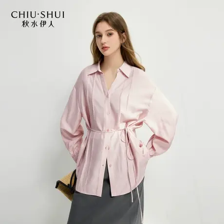 秋水伊人断码清仓粉色衬衫女装早秋法式小资上衣v领系带收腰衬衣商品大图