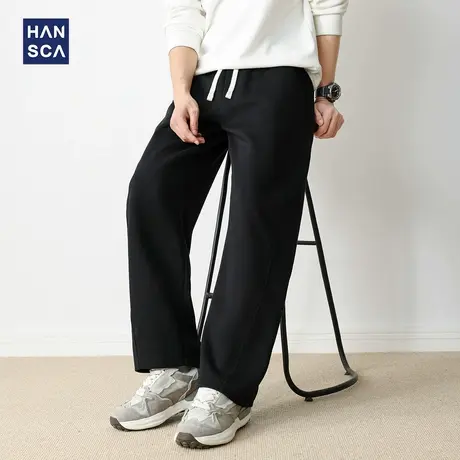 hansca秋季抗皱宽松运动裤男2025新款弯刀裤撞色百搭卫裤抽绳长裤图片