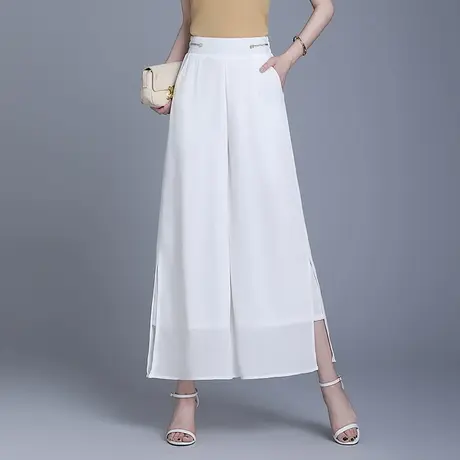 白色开叉雪纺阔腿裤女夏季薄2025新款高腰宽松垂感九分裤气质裙裤图片