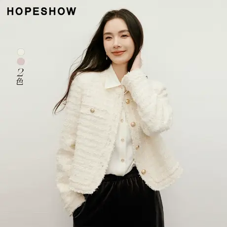 红袖outlets香风毛边短外套2024秋季新款女装暗条纹圆领气质上衣商品大图