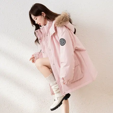 【防水】唐狮2025冬季新款粉色羽绒服女工装户外连帽保暖羽绒外套商品大图