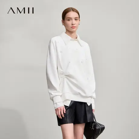Amii2025秋新款极简学院风宽松弹力中长长袖空气层钉珠落肩卫衣图片