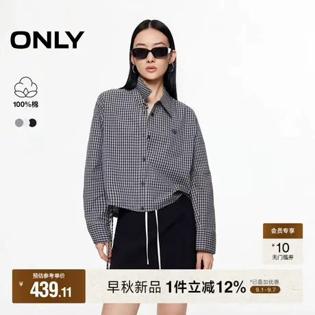 ONLY2025冬季新款文艺风刺绣装饰格子正肩翻领小个子短款衬衫女图片