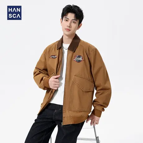 hansca秋季320g美式宽松夹克男撞色翻领贴布大口袋工装底特律外套商品大图