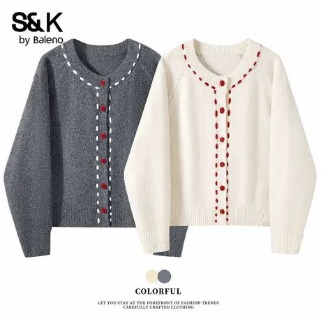 班尼路S&K系列圆领毛衣女款秋冬日系慵懒撞色设计感时尚开衫外套Q商品大图