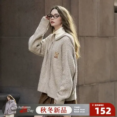 唐狮2025秋冬连帽绞花毛衣外套女小熊卡通精致刺绣拉链开衫毛线衫商品大图