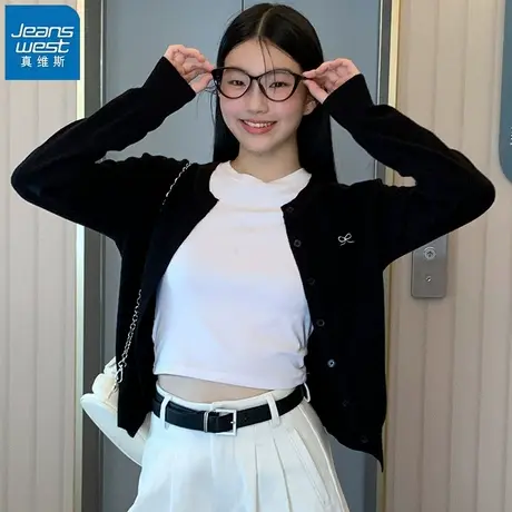 KHV真维斯黑色针织开衫外套毛衣女2025新款薄款早秋韩系穿搭上衣商品大图