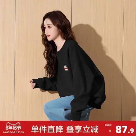 唐狮2026秋冬加绒圆领卫衣女卡通印花宽松套头休闲时尚简约黑色图片