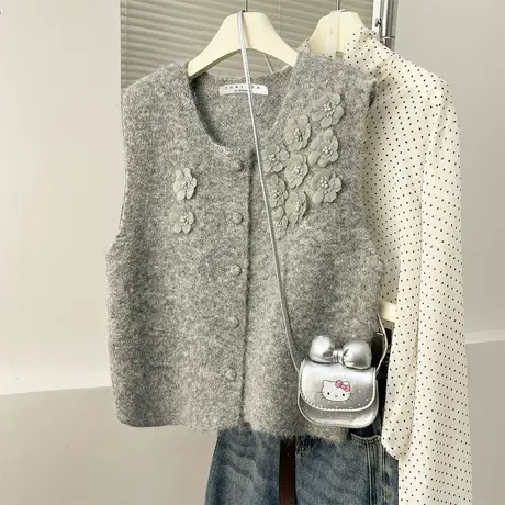 唐狮秋冬毛线衫女立体花朵设计开衫马甲女高级感百搭休闲上衣tu商品大图