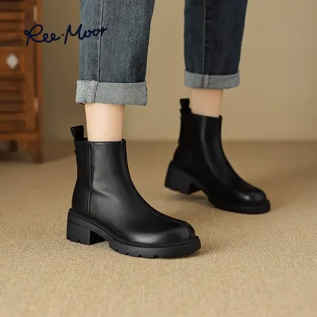 REEMOOR睿慕2023冬新百搭拉链黑色瘦瘦短靴增高韩系小踝靴单靴女图片
