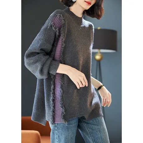 宝诗黎圆领拼接流苏设计感宽松慵懒毛衣女秋冬时尚针织衫2023新款商品大图