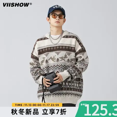 VIISHOW日系复古民族风撞色圆领针织衫男日系慵懒风百搭休闲毛衣商品大图