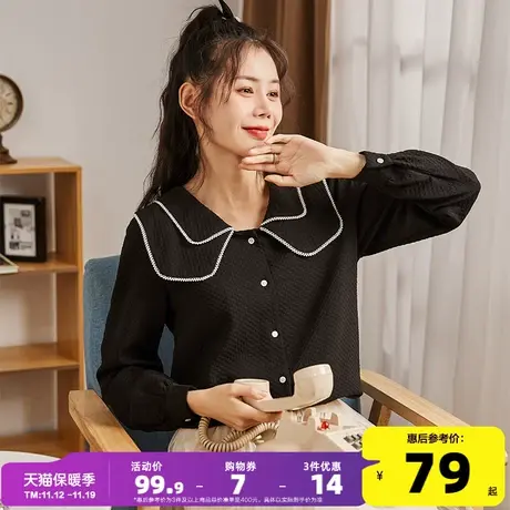 唐狮2022春秋季新款黑色衬衫女法式双层娃娃领长袖衬衣泡泡袖上衣商品大图