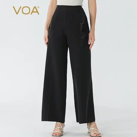 VOA墨黑45姆米重磅真丝自然腰侧插袋不对称荷叶边装点直筒西装裤商品大图