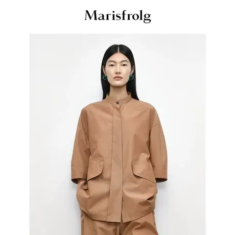 【精简美学】玛丝菲尔秋季咖色小立领廓形中袖短外套图片