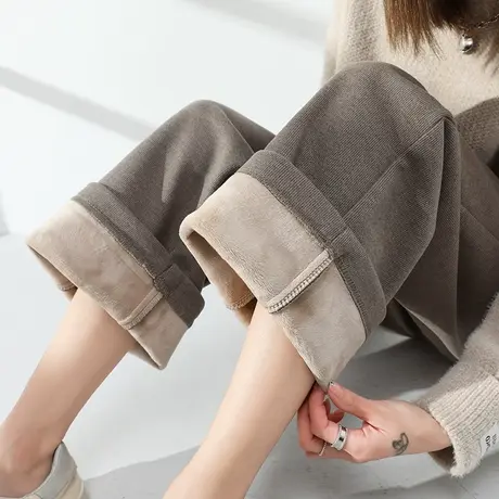 毛呢阔腿裤女加绒加厚高腰显瘦垂感春秋季新款裤子休闲宽松直筒裤图片