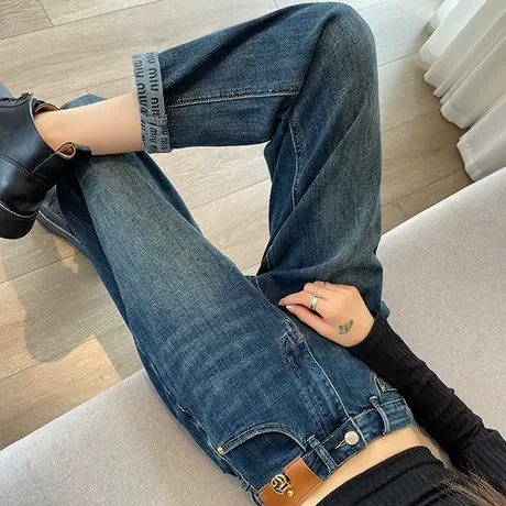 字母卷边老爹牛仔裤女春秋新款高腰显瘦直筒宽松复古九分哈伦裤子商品大图