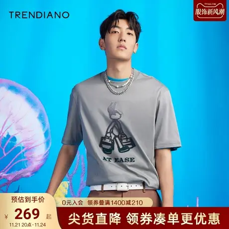 TRENDIANO美式短袖情侣t恤夏季新款白色时尚潮流纯棉圆领衣服男款商品大图