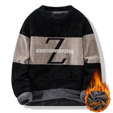 加绒加厚毛衣男士冬季新款针织衫男字母潮流潮牌青少年保暖毛线衣商品大图