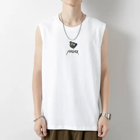 纯棉背心男士外穿夏季跨栏健身运动坎肩小熊印花白色全棉无袖t恤商品大图